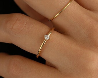 Mini Solitaire Ring in 14K Gold or White Gold over Sterling Silver - Moissanite or Simulated Stone - Dainty Ring - Promise Ring - TROVE