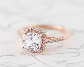 Rose Gold Cushion Cut Halo Engagement Ring, Promise Ring, Sterling Silver, Princess Classic Halo Ring Simulated Diamond, Bridal, Wedding 925
