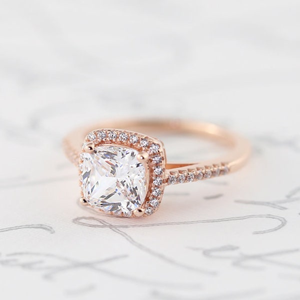 Rose Gold Cushion Cut Halo Engagement Ring, Promise Ring, Sterling Silver, Princess Classic Halo Ring Simulated Diamond, Bridal, Wedding 925