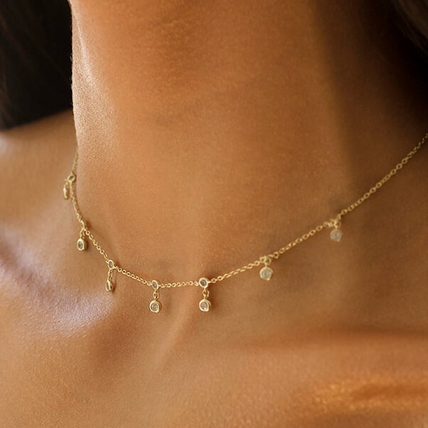 Layering Necklace in 14K Gold Vermeil or Rhodium over Sterling Silver - Chain Necklace - Gold Choker - Dainty Necklace - CZ Necklace - Trove