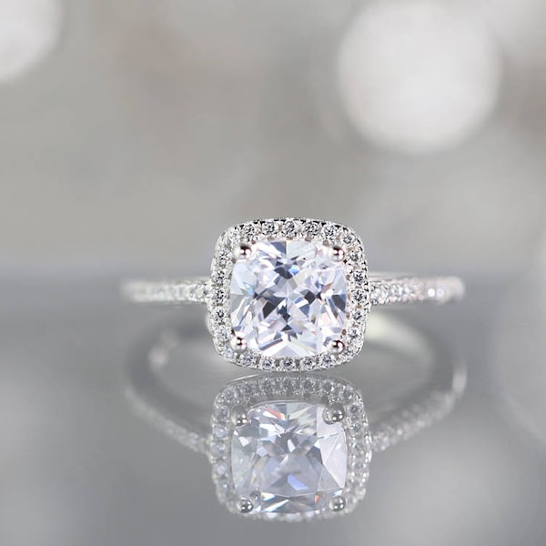 2 Carat Halo Engagement Ring, Cushion Cut Simulated Diamond, Statement Ring Sterling Silver 925  Classic Timeless Promise Wedding Ring