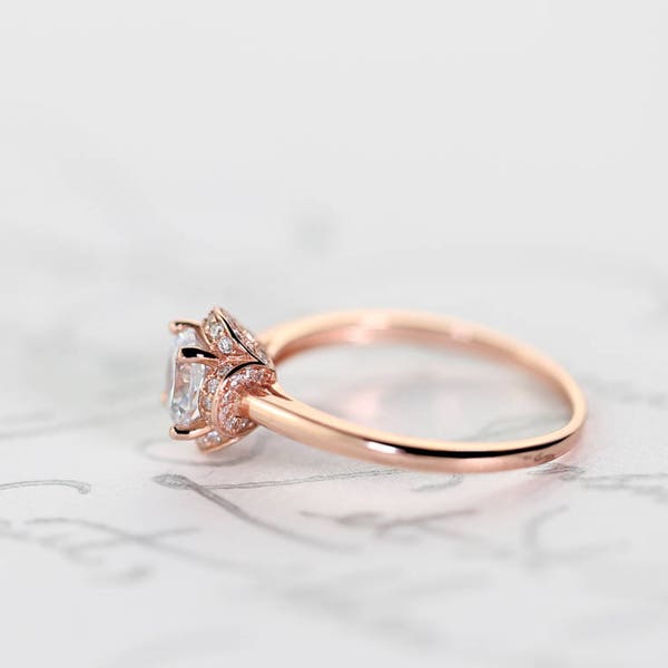 Anillo rosetón en oro rosa, plata de ley, diamantes simulados, declaración, anillo de promesa, apilamiento, mínimo, anillo de flores 925, delicado y delicado