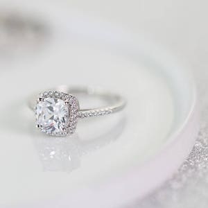 2 Carat Halo Engagement Ring, Cushion Cut Simulated Diamond, Statement Ring Sterling Silver 925 Classic Timeless Promise Wedding Ring image 5