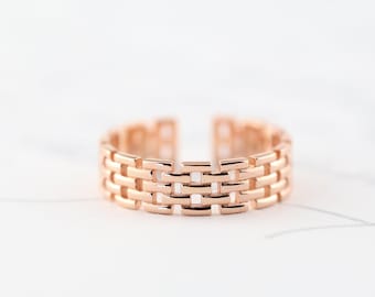 Cuban Chain Ring - Adjustable, Open Band, Sterling Silver, 14K Gold, Rose Gold, White Gold Plated, Unisex, Versatile, Wide Stacking, Trove