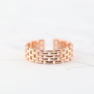 Cuban Chain Ring - Adjustable, Open Band, Sterling Silver, 14K Gold, Rose Gold, White Gold Plated, Unisex, Versatile, Wide Stacking, Trove