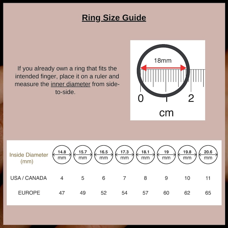 May include: Ring size guide chart with a ruler measuring 18mm. The chart shows the inside diameter of rings in millimeters and the corresponding USA/Canada and European ring sizes.