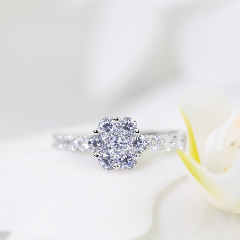 Sterling Silver Minimal Contemporary Design Stacking 925 Thin Flower Bridesmaids Band Delicate Dainty Ring Sparkling Stones Elegant