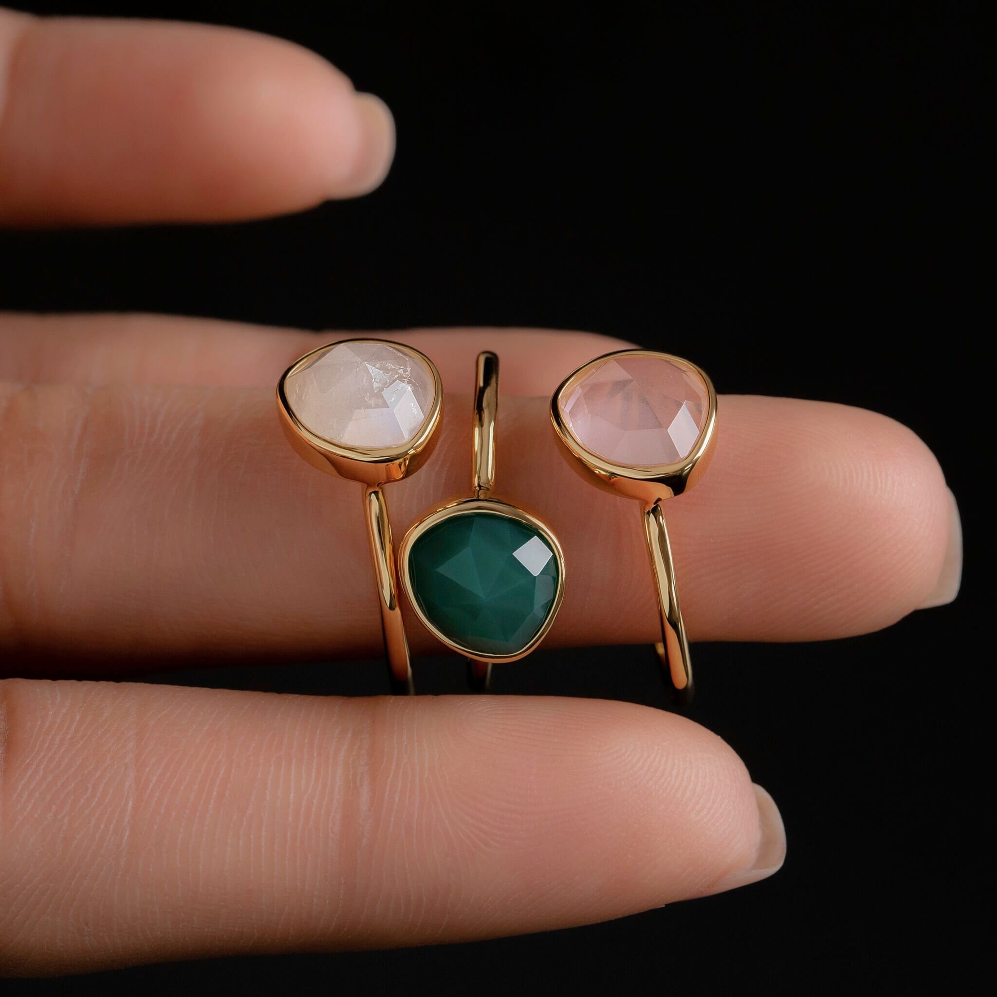 Organic Luna Ring With Green Onyx, Rose Chalcedony or Rainbow Moonstone  Free Form Ring Stacking Gemstone Ring by Trove - Etsy