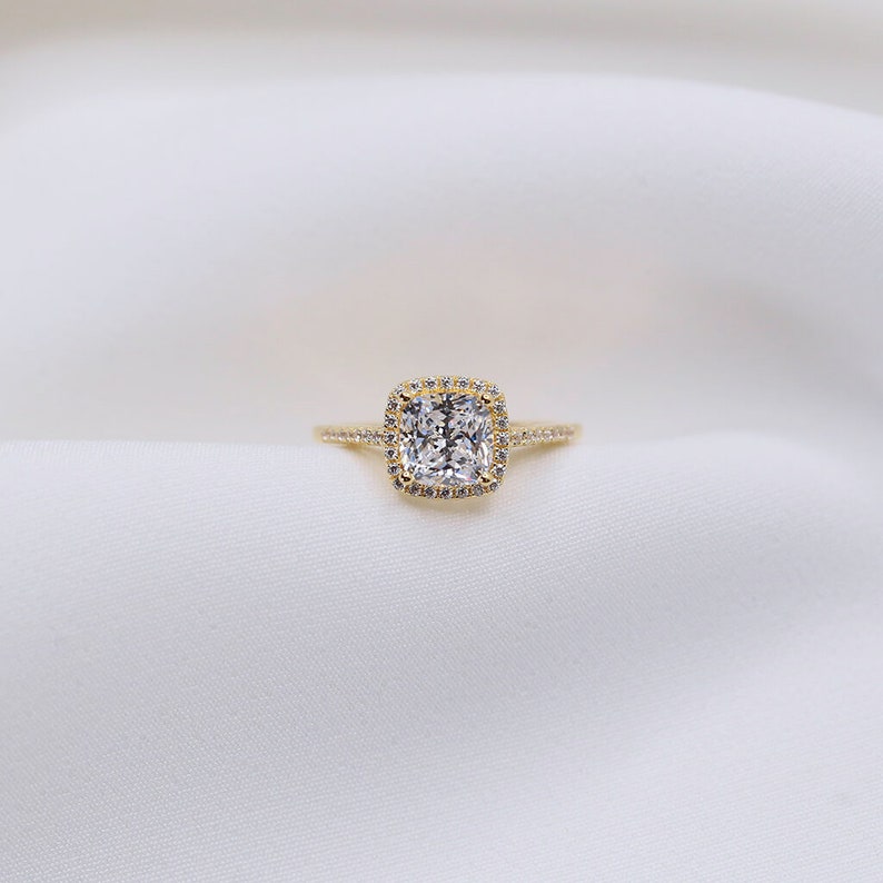 2 Carat Halo Engagement Ring 14K Gold Vermeil Sterling Silver Cushion Cut Wedding Ring Simulated Diamond Trove image 2