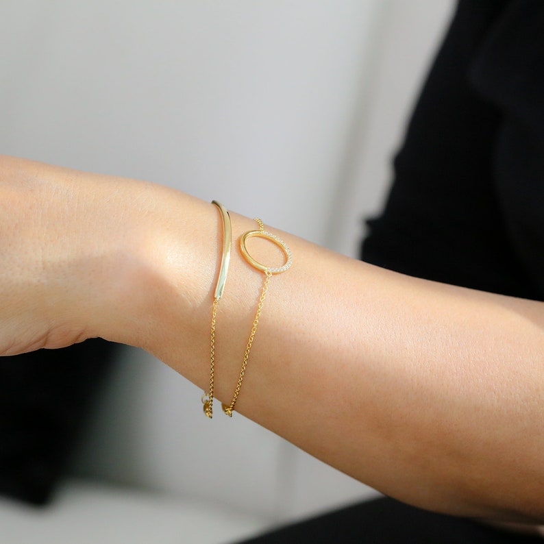 Curved Bar Bracelet Gold Vermeil over Sterling Silver in 14K Dainty Bracelet Gift for Her Stacking Bracelet Bar & Chain Bracelet image 4