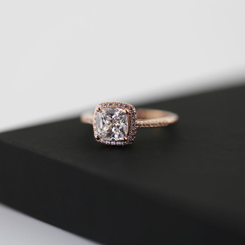 Rose Gold Cushion Cut Halo Engagement Ring Promise Ring Etsy Canada