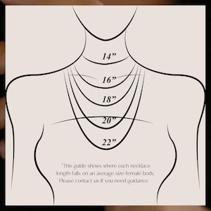 May include: A diagram showing how different necklace lengths fall on a person's neck. The lengths are 14 inches, 16 inches, 18 inches, 20 inches, and 22 inches.
