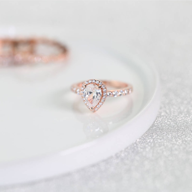 Rose Gold Pear Cut Engagement Ring, Sterling Silver, Simulated Diamonds, Statement Ring, Bridal, Promise Ring, Solitaire, Vintage Design 925 image 2