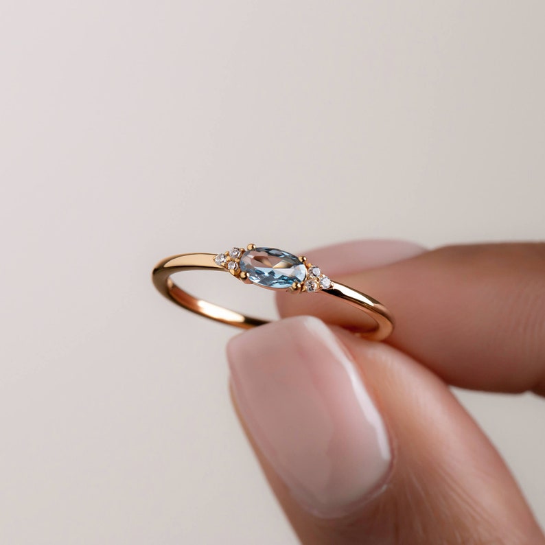 Minimal Oval Cut ring Teal Blue stone or Clear CZ Stone Dainty Stacking Ring Promise Ring 14K Gold Vermeil over Sterling Silver Trove image 4