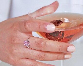 Bague Solitaire En Argent Massif Avec Pierre Rose - Taille 55 - Occasion