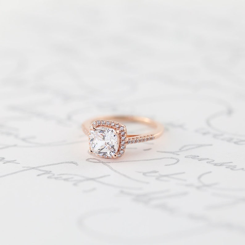 Rose Gold Cushion Cut Halo Engagement Ring Promise Ring Etsy