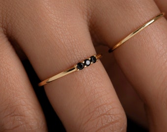 Dainty Black Onyx Ring - Stackable band - 14K Gold Vermeil over Sterling Silver - Delicate Everyday Ring - Black Gemstone - Trove