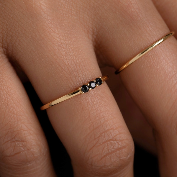 Dainty Black Onyx Ring - Stackable band - 14K Gold Vermeil over Sterling Silver - Delicate Everyday Ring - Black Gemstone - Trove