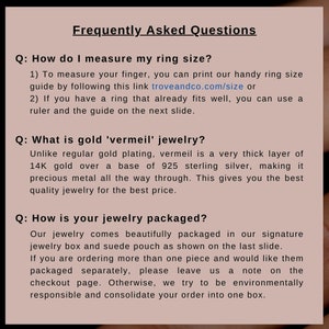 May include: Frequently Asked Questions about jewelry sizing, gold vermeil, and packaging.  The text includes a link to troveandco.com/size for a printable ring size guide.
