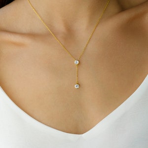 Double Solitaire Lariat Necklace in 14K Gold Vermeil, 14K Rose Gold Vermeil and Rhodium over Sterling Silver