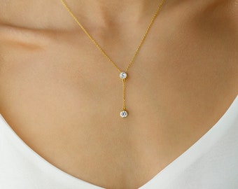 Double Solitaire Lariat Necklace in 14K Gold Vermeil, 14K Rose Gold Vermeil and Rhodium over Sterling Silver