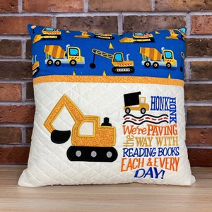 Construction reading pillow with pocket - blue design