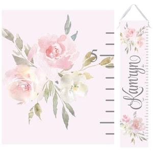 Pink And Gray Floral Growth Chart - Personalized Watercolor Height Chart