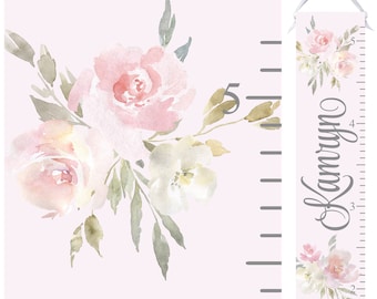 Pink And Gray Floral Growth Chart - Personalized Watercolor Height Chart