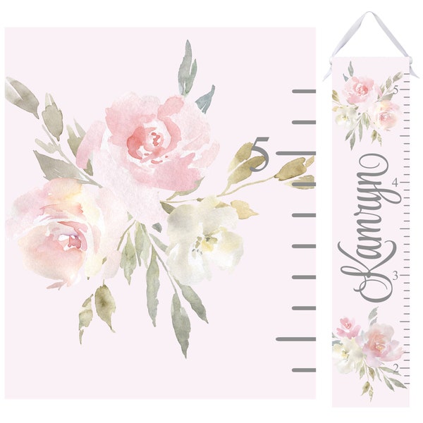 Pink And Gray Floral Growth Chart - Personalized Watercolor Height Chart