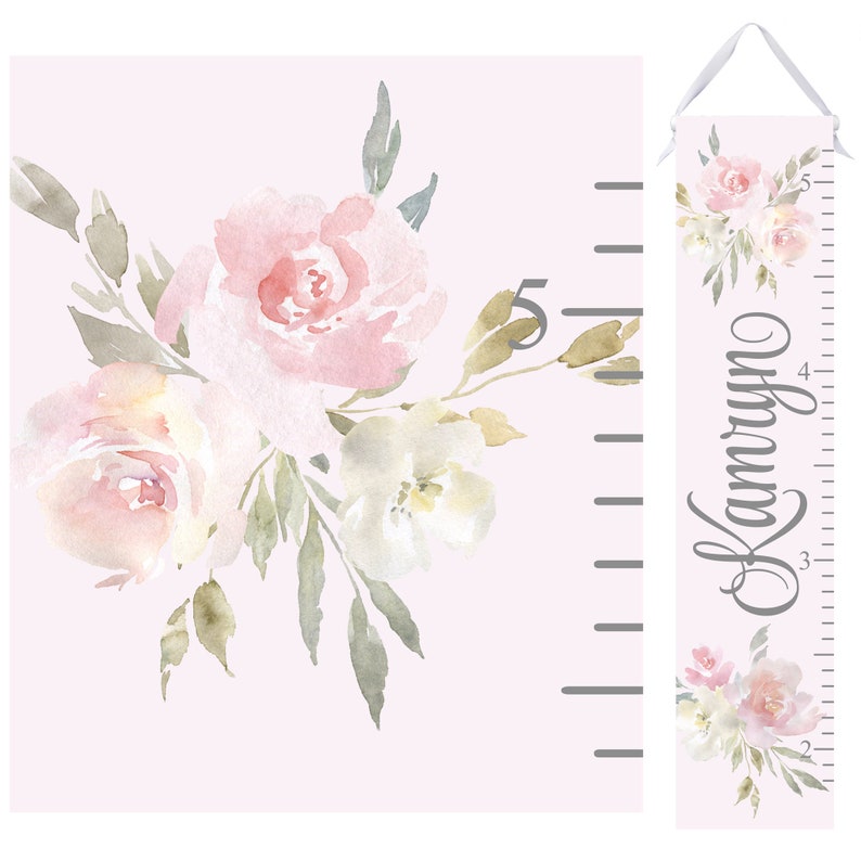 Pink and Gray floral growth chart for girls - personalized