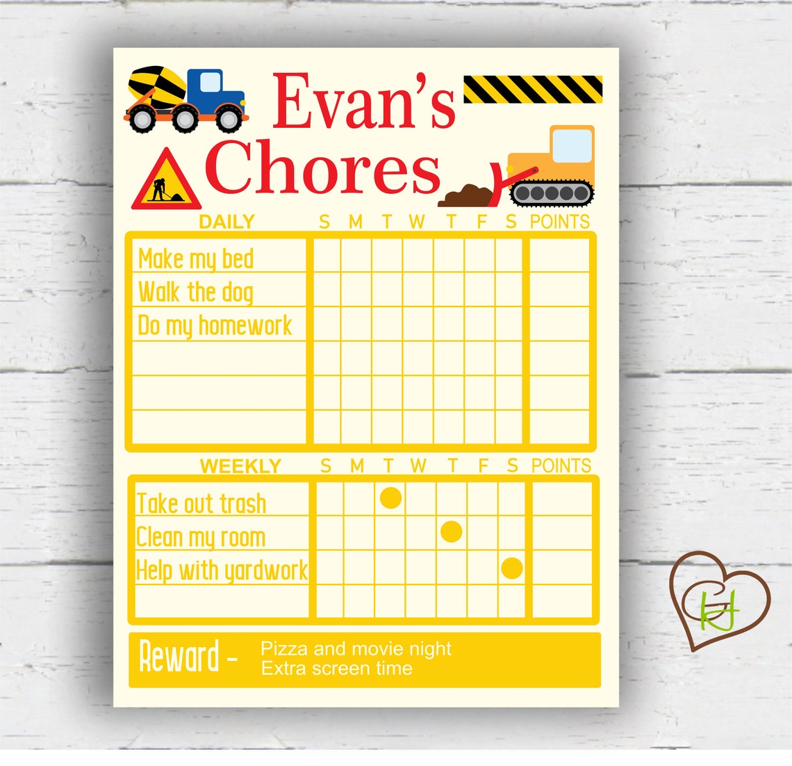 Weekly-daily Construction Chore Chart Digital Download | Etsy