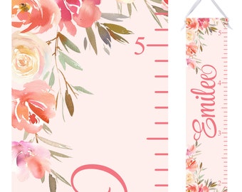 Personalized Growth Chart, Blush Floral, Girl Height Ruler, Nursery Decor