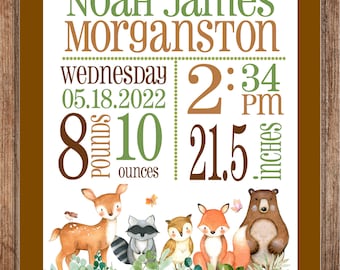 Personalized Woodland Animals Birth Statistics Wall Art For Boy