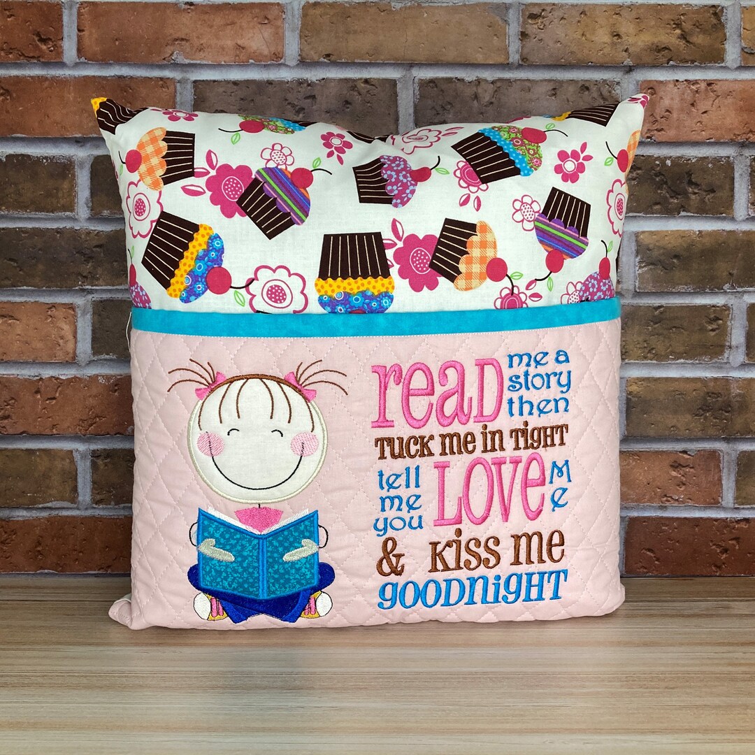 Girl Reading Pillow With Embroidered Pocket Etsy