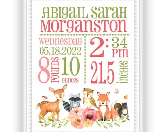 Personalized Woodland Animals Birth Statistics Wall Art For Girl