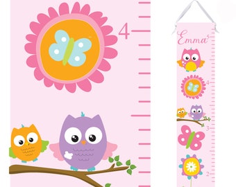 Personalized Girls Growth Chart - Owls, Flowers, Butterflies Height Chart Ruler