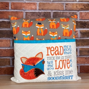 Fox reading pillow, embroidered design with pocket