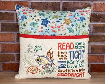 Ocean reading pillow, with embroidered pocket