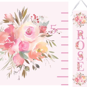 Pink Floral Growth Chart-For Girls - Watercolor Height Chart Ruler
