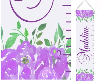 Purple Floral Growth Chart for Girls - Watercolor Floral Height Chart Ruler