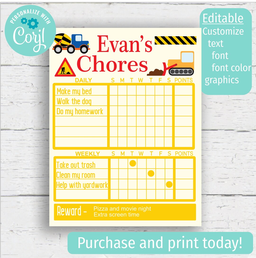 Weekly-daily Construction Chore Chart Digital Download - Etsy