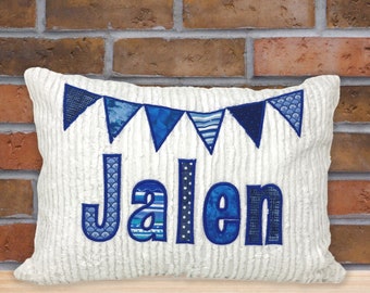 Personalized  Name Pillow - Blue Appliqué With Flags