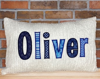 Personalized  Name Pillow - Navy and Blue Applique Gift For Boy