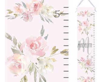 Modern Pink Floral Growth Chart - Personalized Watercolor Height Chart