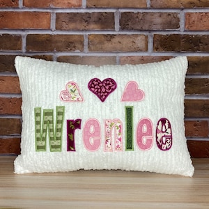 Personalized  Name Pillow - Dusty Pinks and Green Applique With Hearts Gift For Girl