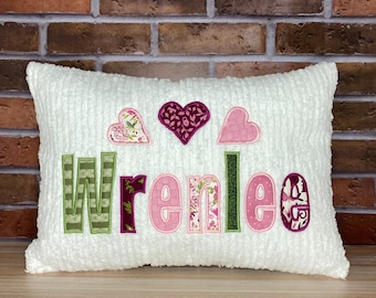 Personalized  Name Pillow - Dusty Pinks and Green Applique With Hearts Gift For Girl
