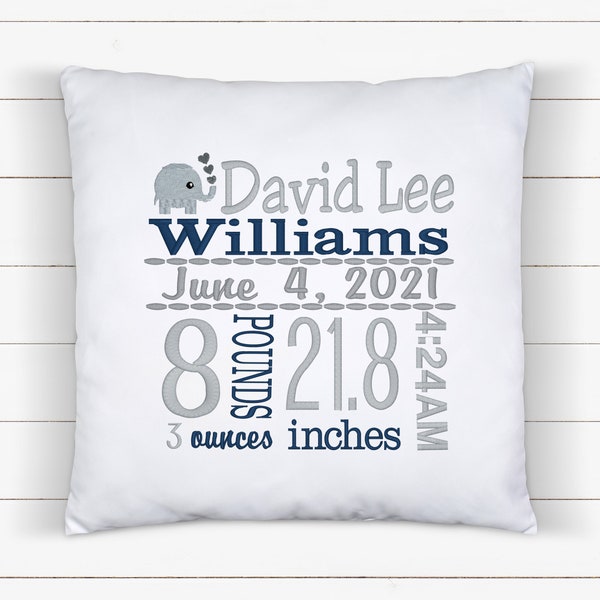 Personalized birth statistics pillow - embroidered elephant design