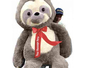 Personalized Giant Stuffed Sloth has Red Satin Ribbon Bow Around Neck that You Design, 7 Feet Tall 84 Inches Soft 213 cm  Huge Stuffed