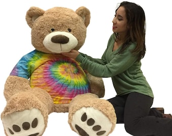 Big Plush Giant Teddy Bear 5 Feet Tall Wears Removable Tie Dye T-shirt, Soft Smiling Big Teddybear 5 Foot Bear Ultra Premium Quality