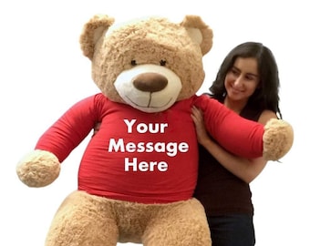 Personalized Big Plush 5 Foot Giant Teddy Bear Wearing Customized Red Color T-Shirt with Your Message